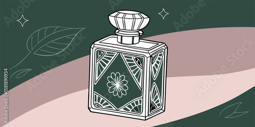 Perfume in antique isolated glass bottle with blurry lights in dark green pink background vector illustration.