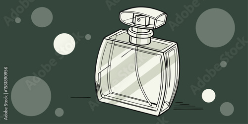 Perfume in antique isolated glass bottle with blurry lights in dark pink background vector illustration.