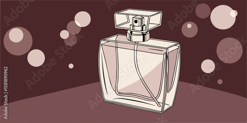 Perfume in antique isolated glass bottle with blurry lights in dark red background vector illustration.