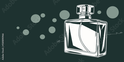 Perfume in antique isolated glass bottle with blurry lights in dark pink background vector illustration.