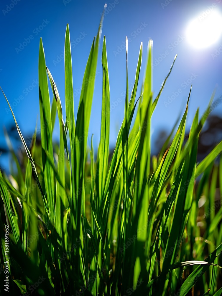 Obraz premium Vibrant Green Grass Blades Illuminated by Sunlight Against a Clear Blue Sky.