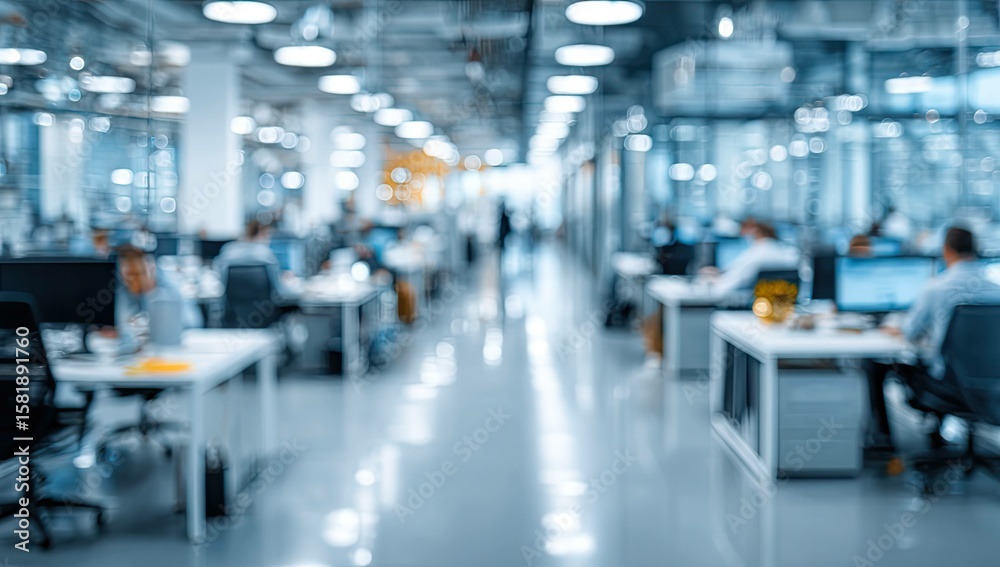 Fototapeta premium Blurred office interior background with a blurred door and glass wall, blurry bokeh light effect for a business concept design. High-quality photo, taken with a telephoto lens in realistic daylight.