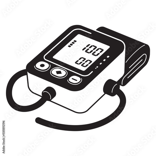 Black and white illustration of a blood pressure monitor showing readings and medical concept
