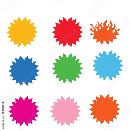 A vibrant collection of starburst shapes in various colors arranged in a grid. This playful design is perfect for use in promotions, graphics, or any project that aims to attract attention with its bo