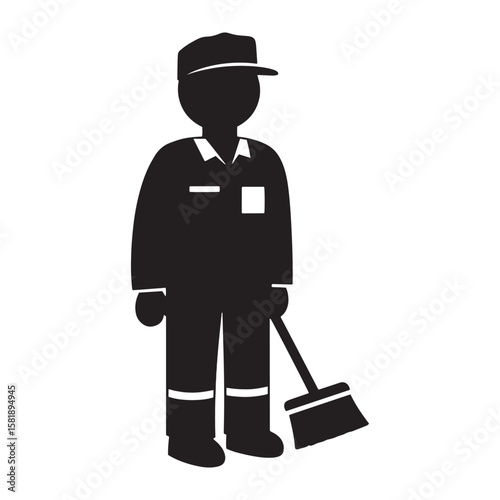 Black and white silhouette of a sanitation worker with a broom ready for cleaning