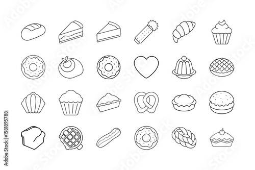 Delicious Bakery & Pastry Vector Icon Set. Bread, Cake, Donuts, Cupcakes, Croissants, Cookies, Pastries, Pies, Waffles, Chocolates, Muffins, Sweets, and More. Editable Line Icons. Vector Illustration.
