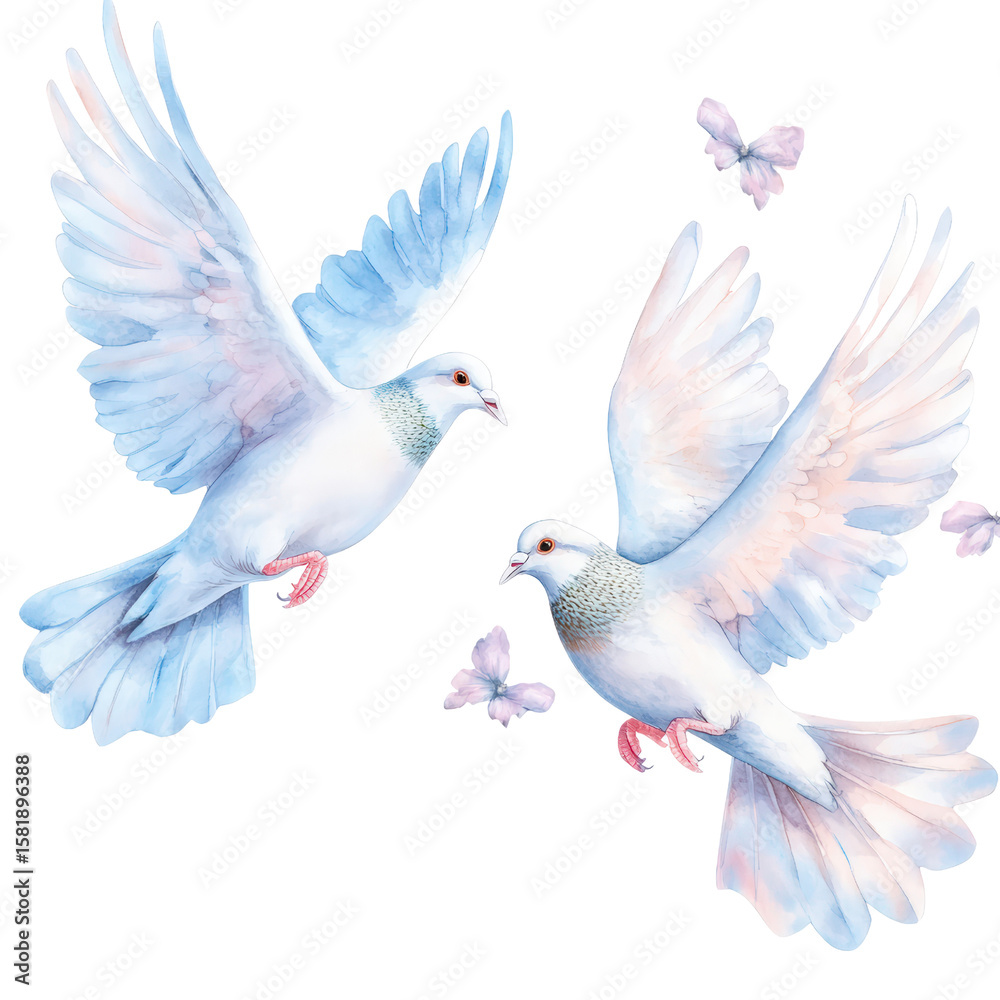 Obraz premium Elegant watercolor illustration of two white s flying with soft pink purple butterflies on a white background