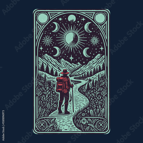 vintage card featuring trekking quest at summit of cosmic mountain
