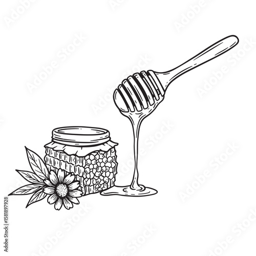 Honey jar dripping from dipper with flower and leaves honeycomb
