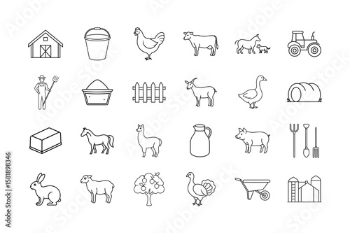 Livestock Farming Vector Icon Set. Farm, Animals, Cow, Chicken, Goat, Pig, Sheep, Horse, Tractor, Fence, Barn, Milking, Agriculture, Farming Tools, and More. Editable Line Icons. Vector Illustration.
