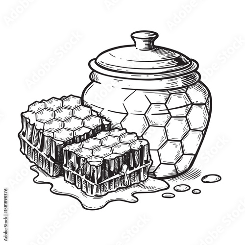 Honey pot and honeycomb dripping vintage Art sweet natural