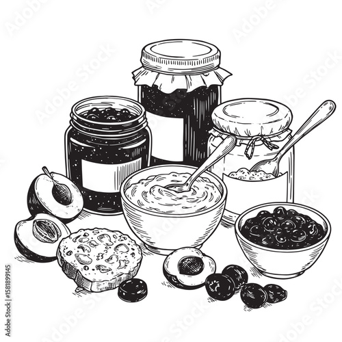 Jars of fruit preserves with peaches and berries vector
