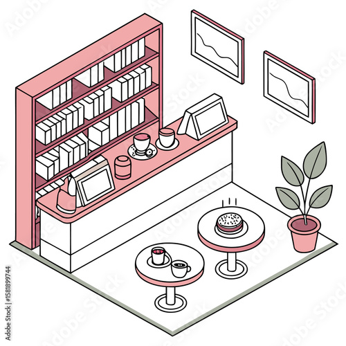 Isometric view of a pink and white cafe interior with tables chairs and a counter with shelves and art