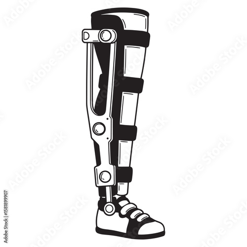 Illustration of a black and white medical leg brace supporting ankle and foot.
