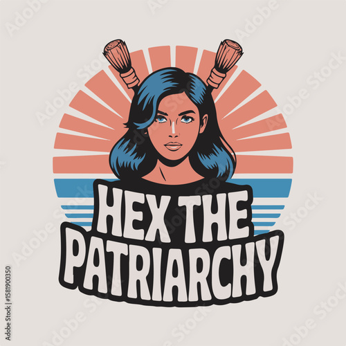 Vintage illustration of a woman with blue hair and brooms advocating for feminist empowerment and challenging societal norms