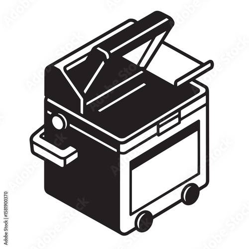 Isometric illustration of a modern multifunction office printer copier machine in black and white
