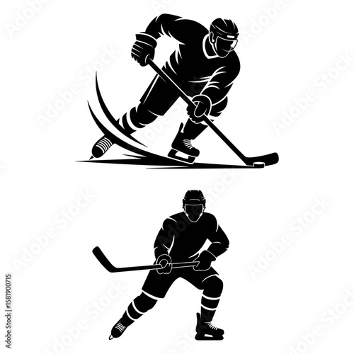 Ice Hockey Players in Action Black and White Vector Silhouettes for Winter Sports