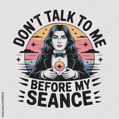 A striking illustration of a medium in formal attire, encouraging silence before her spiritual seance for mystical purposes.