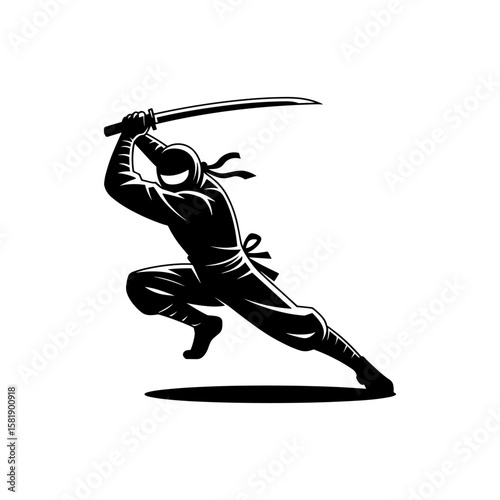 Dynamic Ninja with Katana in Action Pose a Covert Warrior