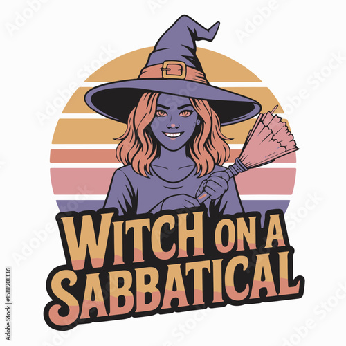 Charming witch character smiles and holds a broom in a retro styled illustration perfect for halloween designs.