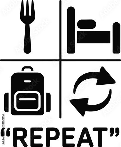 Daily routine of eating sleeping working and repeating silhouette isolated on white background