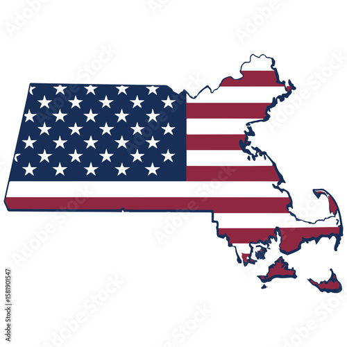 Map of Massachusetts State with inside United States with its national banner symbols of patriotism photo