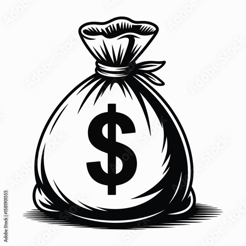 Black and white illustration of money bag with bold dollar sign Graphics,


