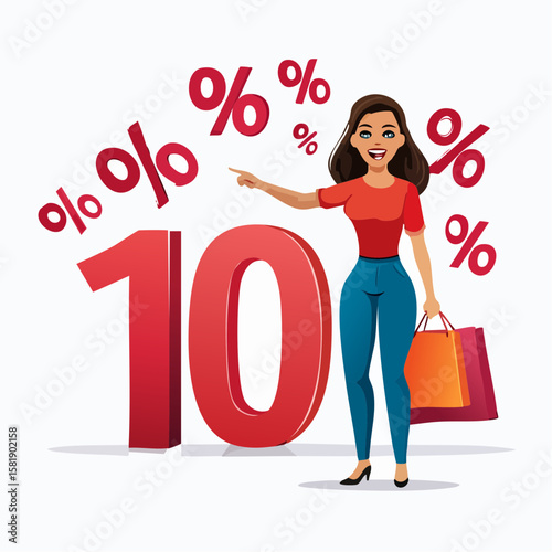 Deals and Discounts: a cheerful woman, holding shopping bags, celebrates a 10% discount, with percentage symbols. A dynamic illustration of bargain hunting and retail offers.