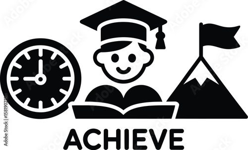 Graduation cap student reading book clock and mountain peak with flag silhouette isolated on white background