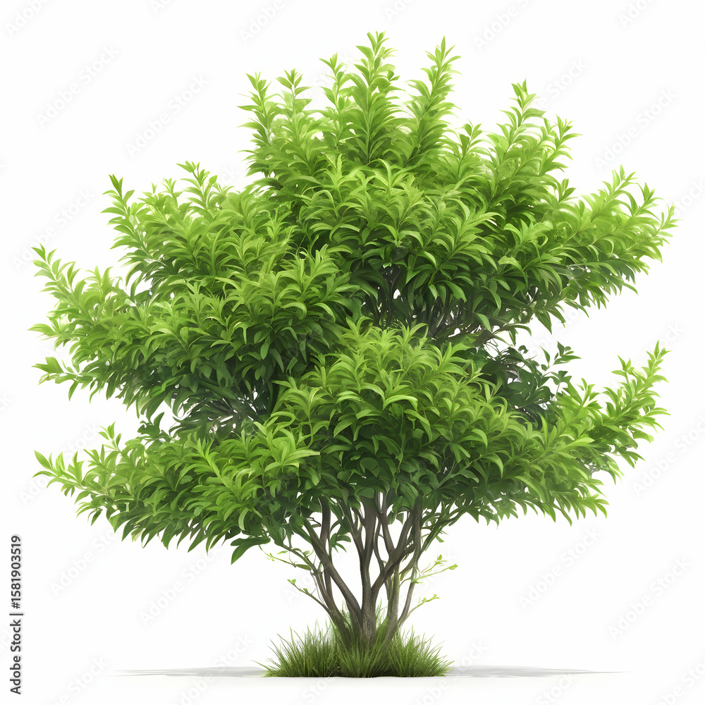 Fototapeta premium Lush green bush with dense foliage in high-resolution detail, isolated on white background