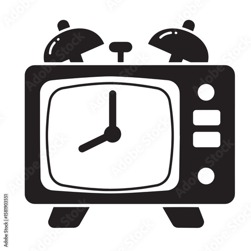 Simple black and white alarm clock illustration showing time and wake up concept