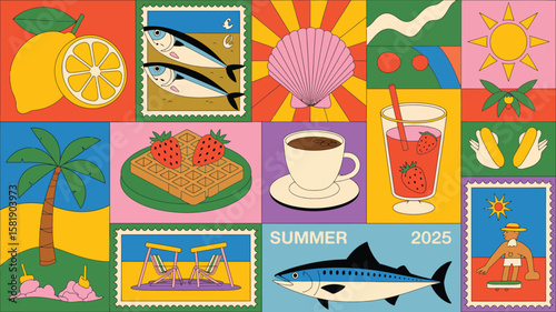 Amalfi Italy 2025, Summer Collage of Joy – Whimsical Exploration of Seasonal Icons, from Beach Play to Fruity Treats; Lemon Brightness, Strawberry Sweetness, Palm Breezes, Digital Sunshine in Vibrant 