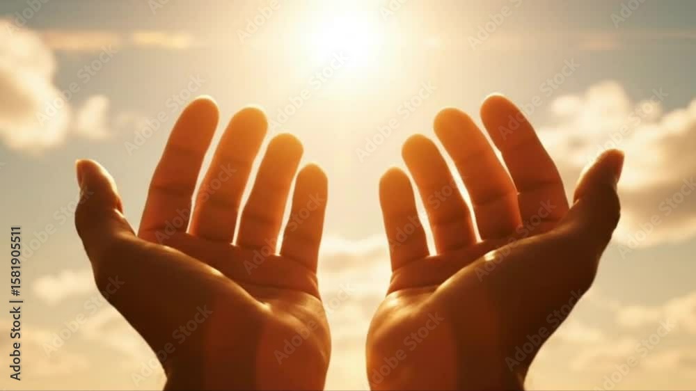Two outstretched hands reach up toward a bright sun in a sky with faint clouds