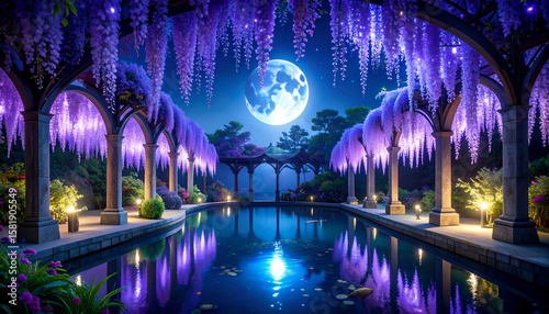 Fototapeta Naklejka Na Ścianę i Meble -  Moonlit Courtyard with Wisteria Vines and Arched Pergolas