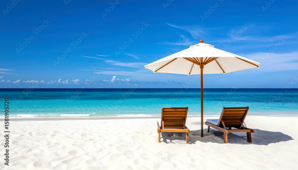 Obraz premium Two Empty Wooden Beach Chairs Under White Umbrella on Idyllic White Sand Beach with Turquoise Ocean and Blue Sky