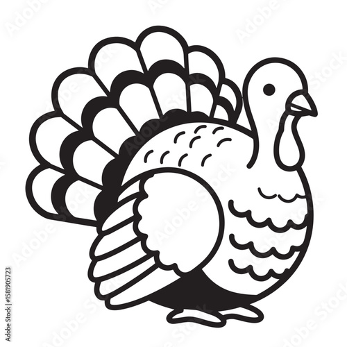 Simple illustrated outline of a thanksgiving turkey in a black and white vector design