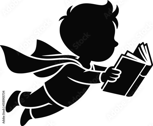 Child superhero reading a book silhouette isolated on white background