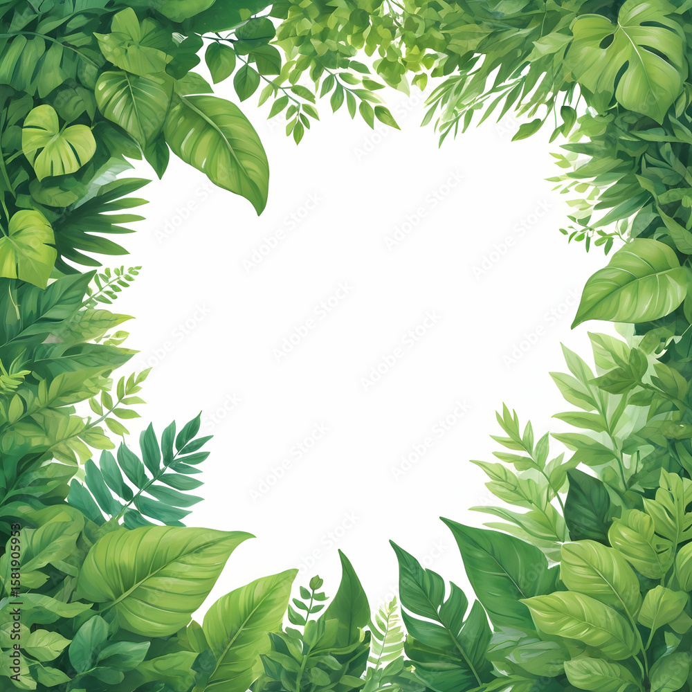 Naklejka premium Natural green leaves frame forming a fresh botanical border on white background
