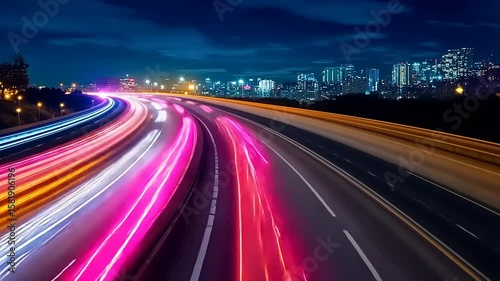 Nighttime cityscape with vibrant light trails from moving vehicles on a highway, showcasing urban energy