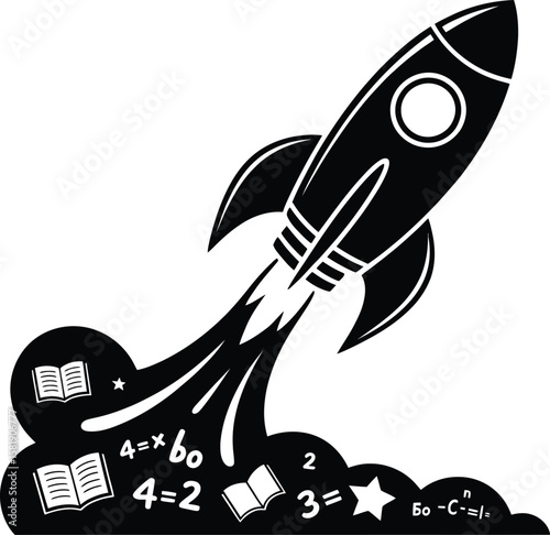 Black rocket ship launching with educational symbols and math equations silhouette isolated on white background