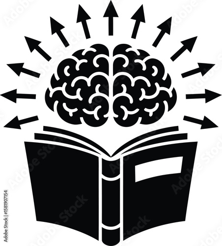 Black silhouette of a brain above an open book with arrows radiating outwards isolated on white background silhouette