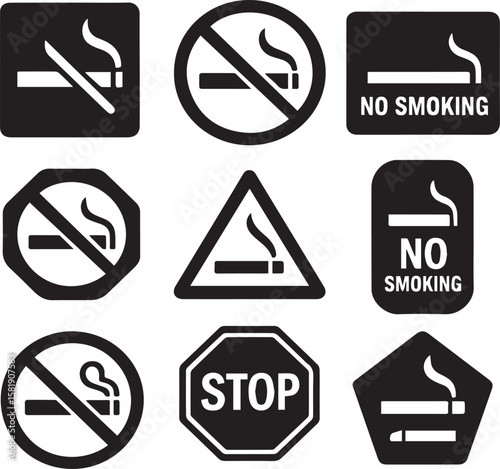 Stop Smoking Silhouettes Icon Set, Black and White No Smoking Vector Symbols