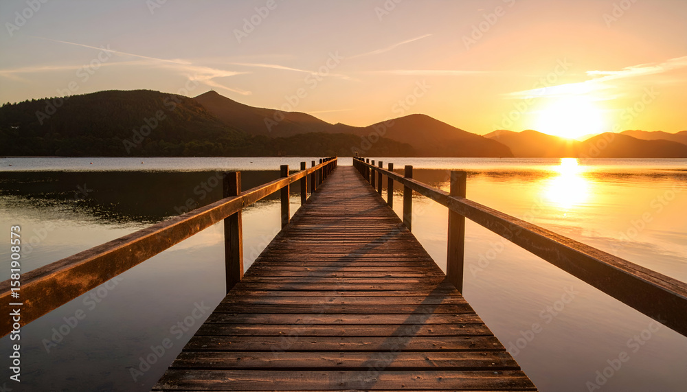 Fototapeta premium Tranquil Jetty Under Amber Glow at Sunrise Over Calm Water