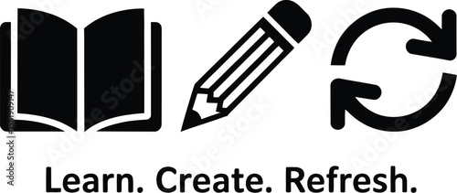 Open book pencil and refresh arrows icons silhouette isolated on white background