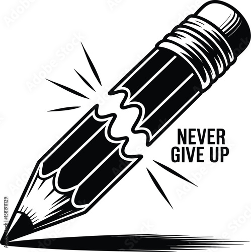 Broken pencil silhouette with never give up text isolated on white background