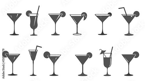 Cocktail illustrations in various styles on white background  