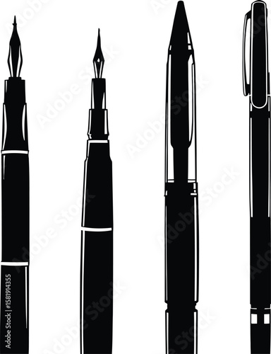 Silhouetted Array of Writing Instruments Featuring Twin Fountain Pens, Retractable Ballpoint, and Capped Rollerball Pen in Minimalist Black Composition