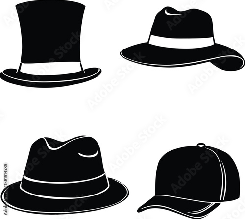 Silhouetted Ensemble of Four Iconic Hat Styles Including Top Hat, Twin Fedoras with Distinct Crowns, and Rounded Baseball Cap in Minimalist Black Composition