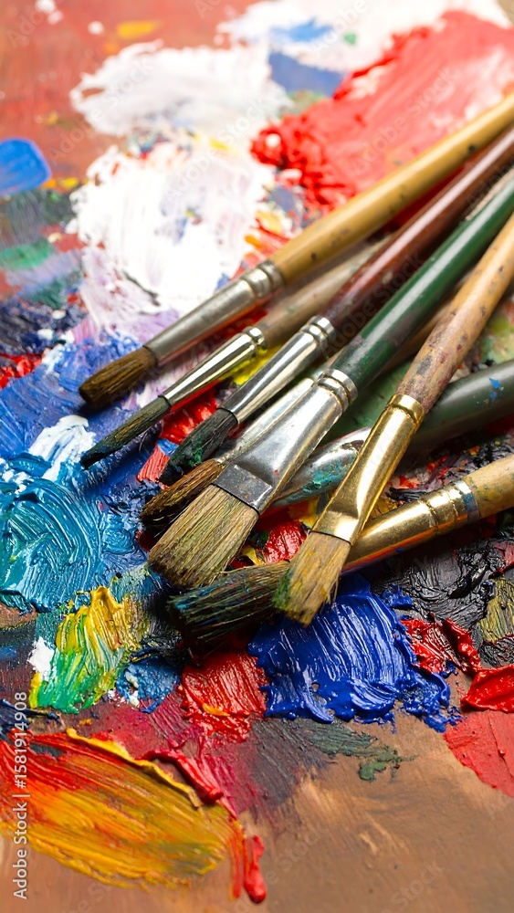 Obraz premium Paintbrushes on a vibrant artist's palette (1)