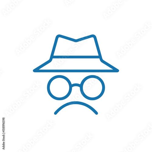 Internet Security Icon with a sad expression in a blue outline design  